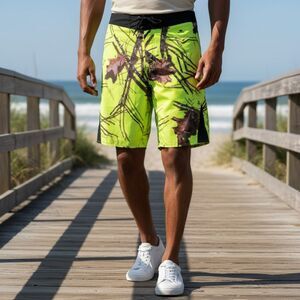 Mossy Oak Board Shorts Mens Large Neon Green Camo Swim Trunks Cargo 9" Inseam